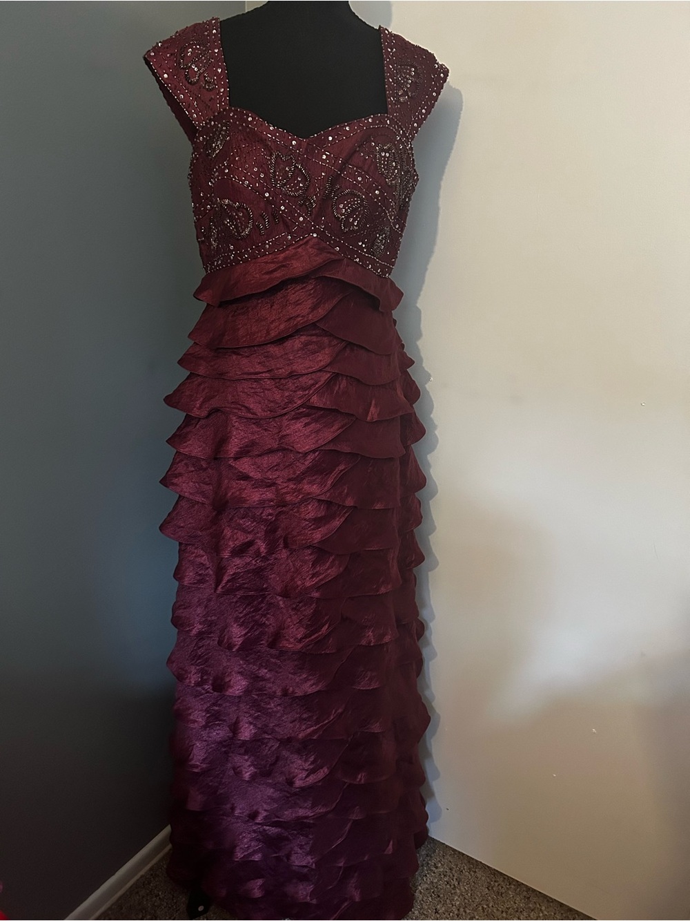 Camille La Vie Elegant Beaded Burgundy Evening Dress